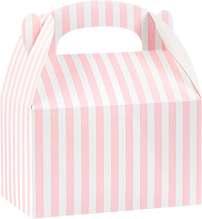 Bio Tek 6 x 3.5 x 3.5 Inch Gable Boxes For Party Favors, 25 Attractive Gift Boxes - Striped Design, With Built-In Handle, Pink And White Paper Barn Boxes, Disposable, For Parties