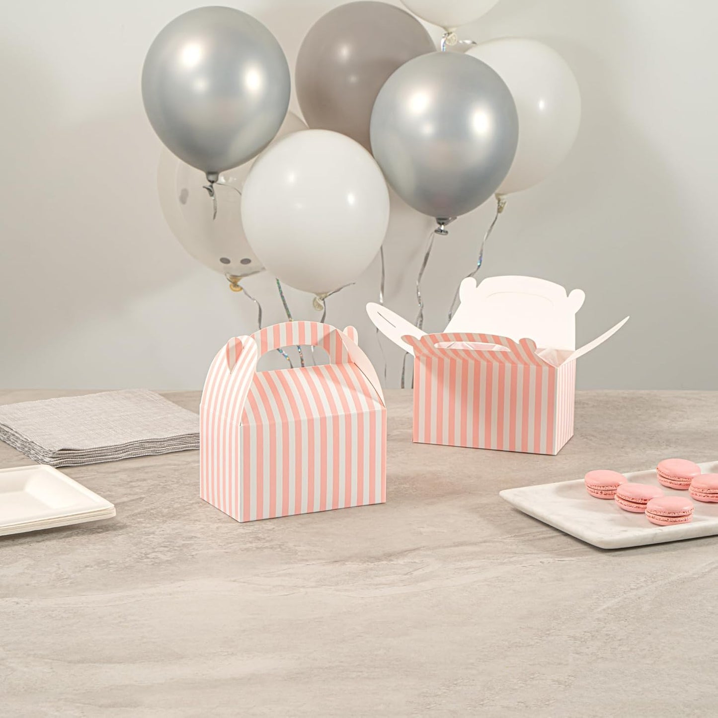 Bio Tek 6 x 3.5 x 3.5 Inch Gable Boxes For Party Favors, 25 Attractive Gift Boxes - Striped Design, With Built-In Handle, Pink And White Paper Barn Boxes, Disposable, For Parties