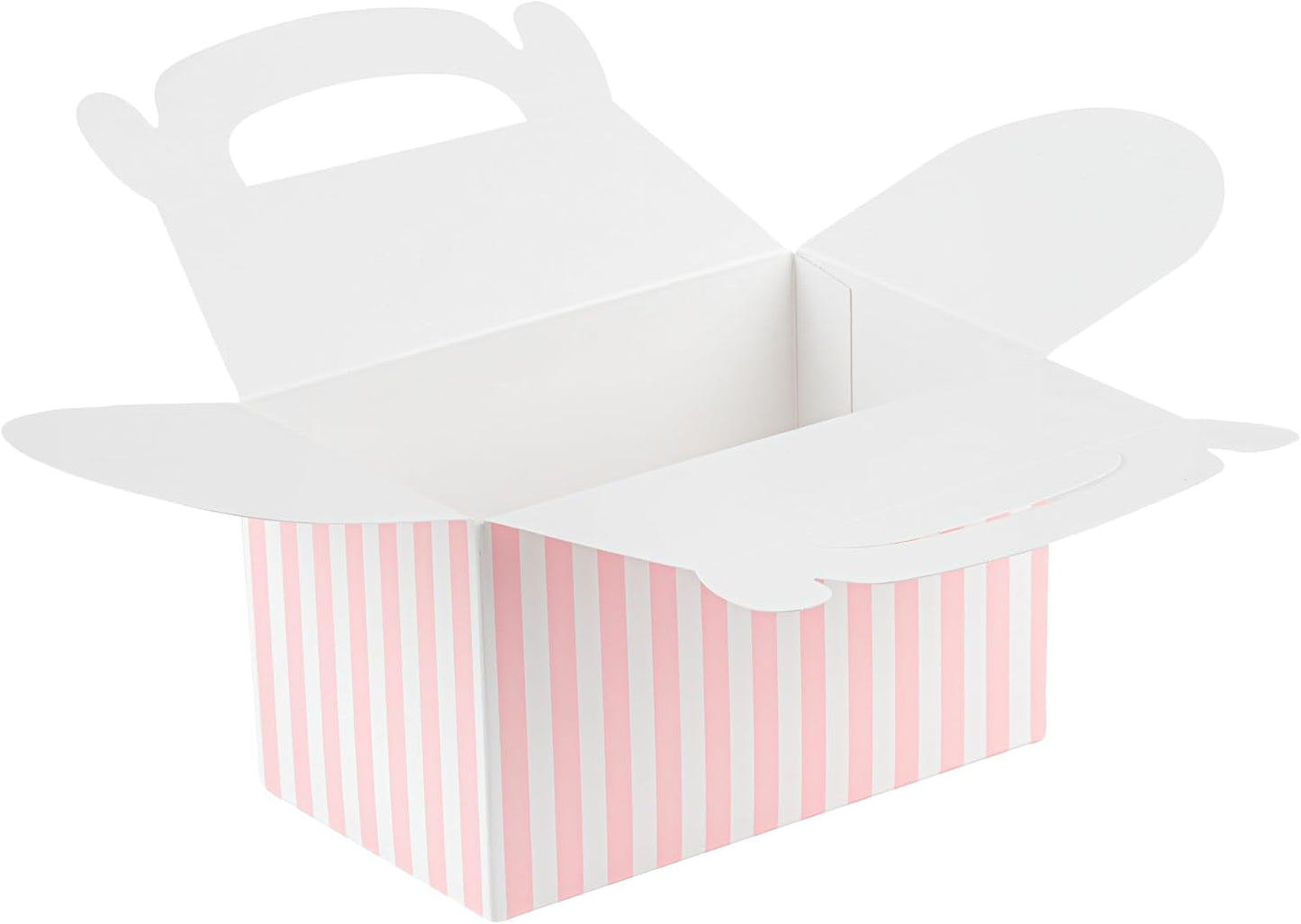 Bio Tek 6 x 3.5 x 3.5 Inch Gable Boxes For Party Favors, 25 Attractive Gift Boxes - Striped Design, With Built-In Handle, Pink And White Paper Barn Boxes, Disposable, For Parties