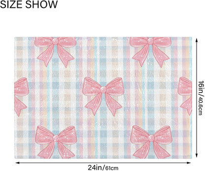Pink Bows Checkered Bathroom Rug, Non Slip Dry Quickly Bath Mat, Absorbent Soft Bath Rug, Home Decor Accessories, 24"x16"