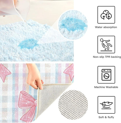 Pink Bows Checkered Bathroom Rug, Non Slip Dry Quickly Bath Mat, Absorbent Soft Bath Rug, Home Decor Accessories, 24"x16"