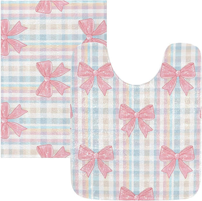 Pink Bows Checkered Bathroom Rug, Non Slip Dry Quickly Bath Mat, Absorbent Soft Bath Rug, Home Decor Accessories, 24"x16"