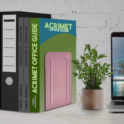 Acrimet Bookends for Shelves, Non-Skid Book Holder, Heavy Duty Book Stopper, Steel Metal Book Ends Storage for Home, Library, 6 7/8" H x 4" W x 4 1/2" D (Pink) (1 Pair / 2 Pieces)
