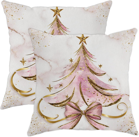 Christmas Tree Throw Pillow Covers Set of 2, Festive Fanciful Stars Bow Christmas Peach Soft Velvet Washable Cushion Covers Pillow for Living Room Bedroom Loft Office Car Decor 16x16 Inch