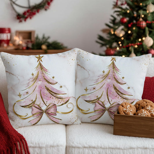 Christmas Tree Throw Pillow Covers Set of 2, Festive Fanciful Stars Bow Christmas Peach Soft Velvet Washable Cushion Covers Pillow for Living Room Bedroom Loft Office Car Decor 16x16 Inch