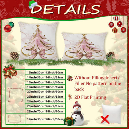Christmas Tree Throw Pillow Covers Set of 2, Festive Fanciful Stars Bow Christmas Peach Soft Velvet Washable Cushion Covers Pillow for Living Room Bedroom Loft Office Car Decor 16x16 Inch