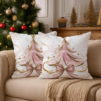 Christmas Tree Throw Pillow Covers Set of 2, Festive Fanciful Stars Bow Christmas Peach Soft Velvet Washable Cushion Covers Pillow for Living Room Bedroom Loft Office Car Decor 16x16 Inch