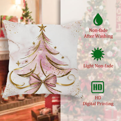 Christmas Tree Throw Pillow Covers Set of 2, Festive Fanciful Stars Bow Christmas Peach Soft Velvet Washable Cushion Covers Pillow for Living Room Bedroom Loft Office Car Decor 16x16 Inch