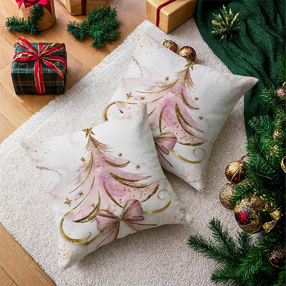 Christmas Tree Throw Pillow Covers Set of 2, Festive Fanciful Stars Bow Christmas Peach Soft Velvet Washable Cushion Covers Pillow for Living Room Bedroom Loft Office Car Decor 16x16 Inch