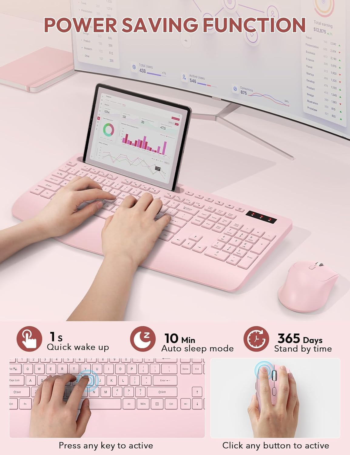 Wireless Keyboard and Mouse Combo, Full Size, Ergonomic Wrist Rest