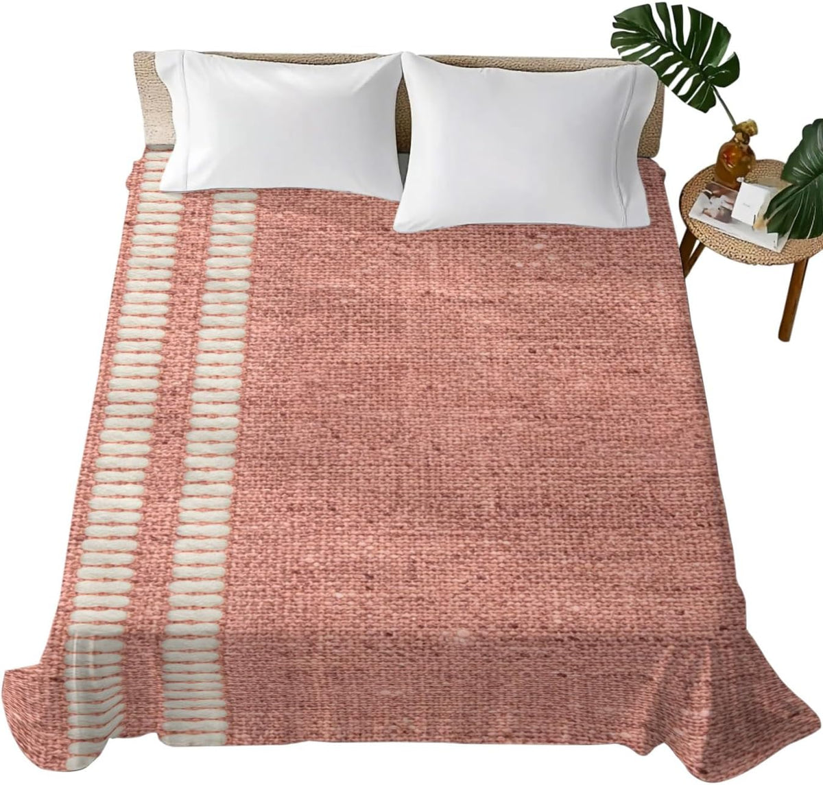 Peach Pink Texture Full Size Flat Sheet Wrinkleproof Lightweight Soft Top Flat Bed Sheet Only,Country Farmhouse Burlap Stripes Breathable Cooling Bedding Top Sheets for Bedroom Hotel 81 x 96 Inches
