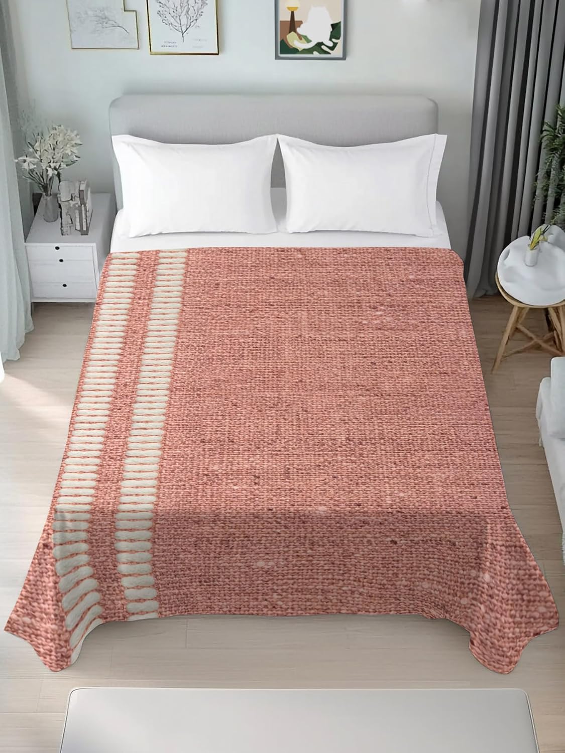 Peach Pink Texture Full Size Flat Sheet Wrinkleproof Lightweight Soft Top Flat Bed Sheet Only,Country Farmhouse Burlap Stripes Breathable Cooling Bedding Top Sheets for Bedroom Hotel 81 x 96 Inches