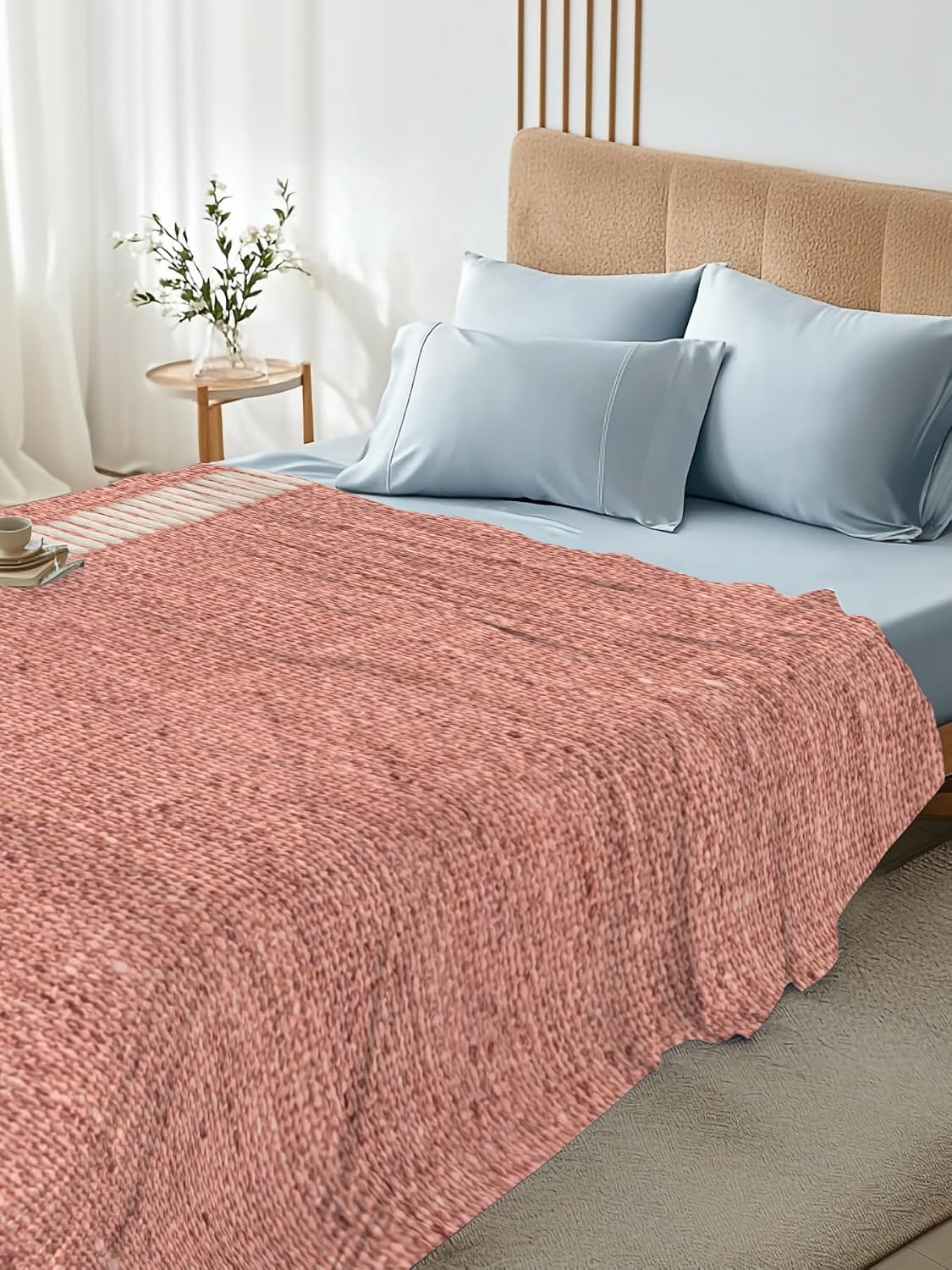 Peach Pink Texture Full Size Flat Sheet Wrinkleproof Lightweight Soft Top Flat Bed Sheet Only,Country Farmhouse Burlap Stripes Breathable Cooling Bedding Top Sheets for Bedroom Hotel 81 x 96 Inches