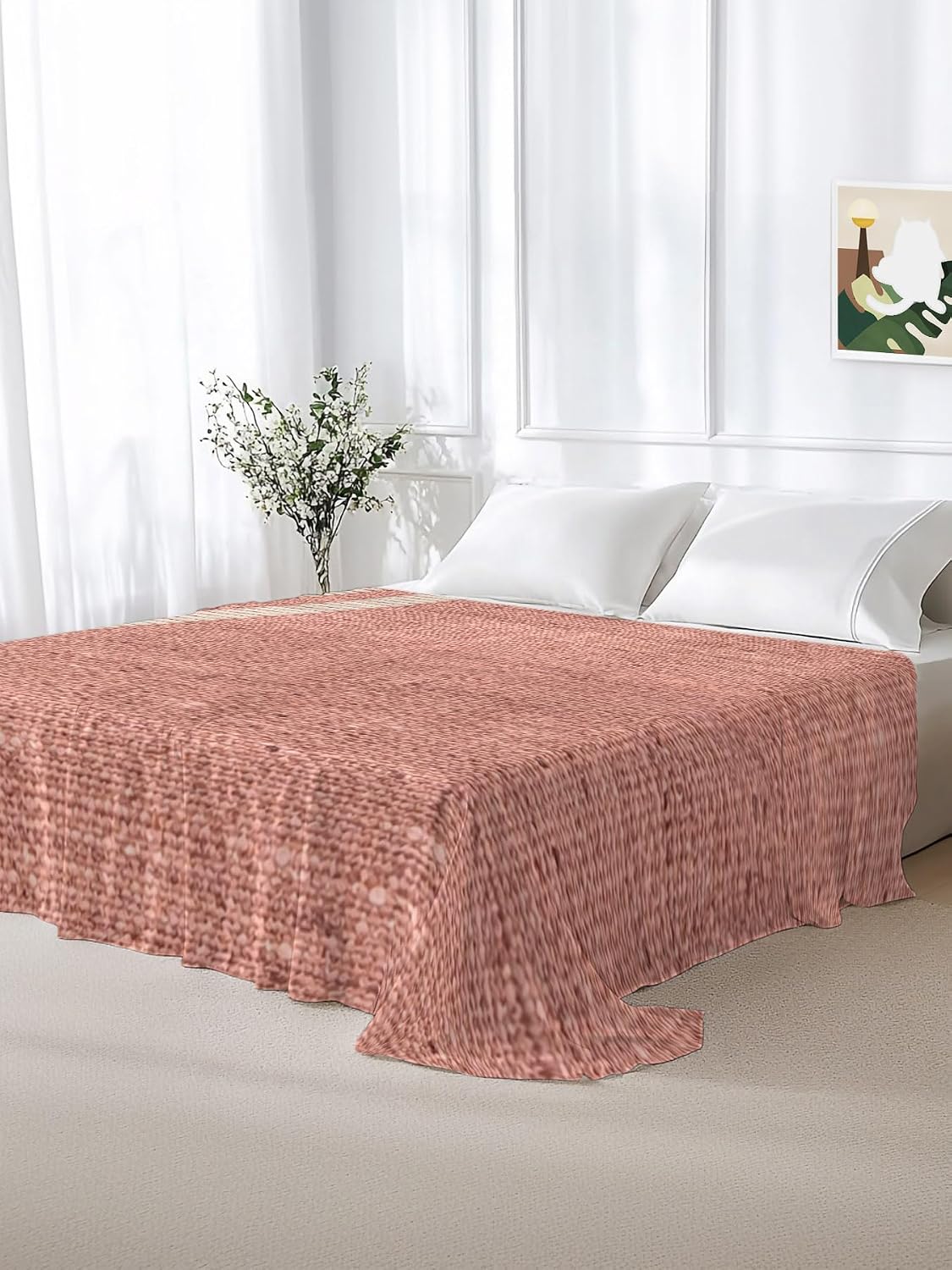 Peach Pink Texture Full Size Flat Sheet Wrinkleproof Lightweight Soft Top Flat Bed Sheet Only,Country Farmhouse Burlap Stripes Breathable Cooling Bedding Top Sheets for Bedroom Hotel 81 x 96 Inches