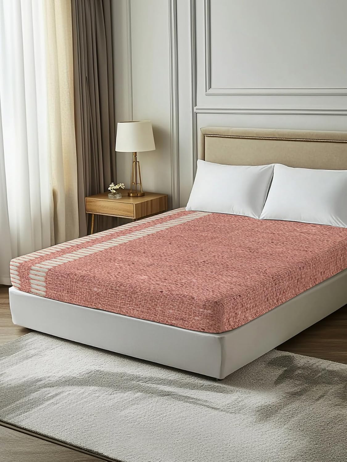 Peach Pink Texture Full Size Flat Sheet Wrinkleproof Lightweight Soft Top Flat Bed Sheet Only,Country Farmhouse Burlap Stripes Breathable Cooling Bedding Top Sheets for Bedroom Hotel 81 x 96 Inches