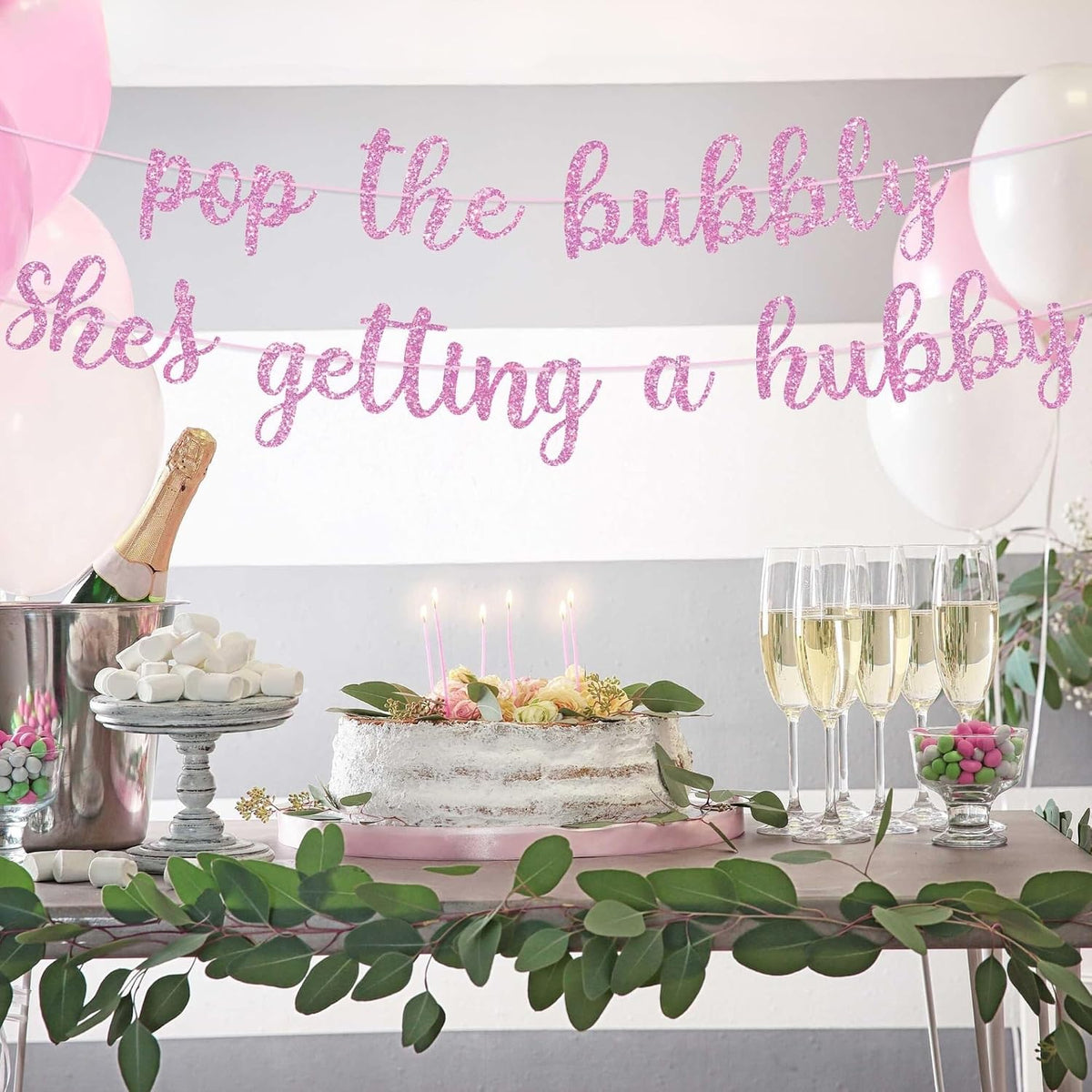 Pre-Strung Pop The Bubbly She's Getting A Hubby Banner - Pink Bridal Banner