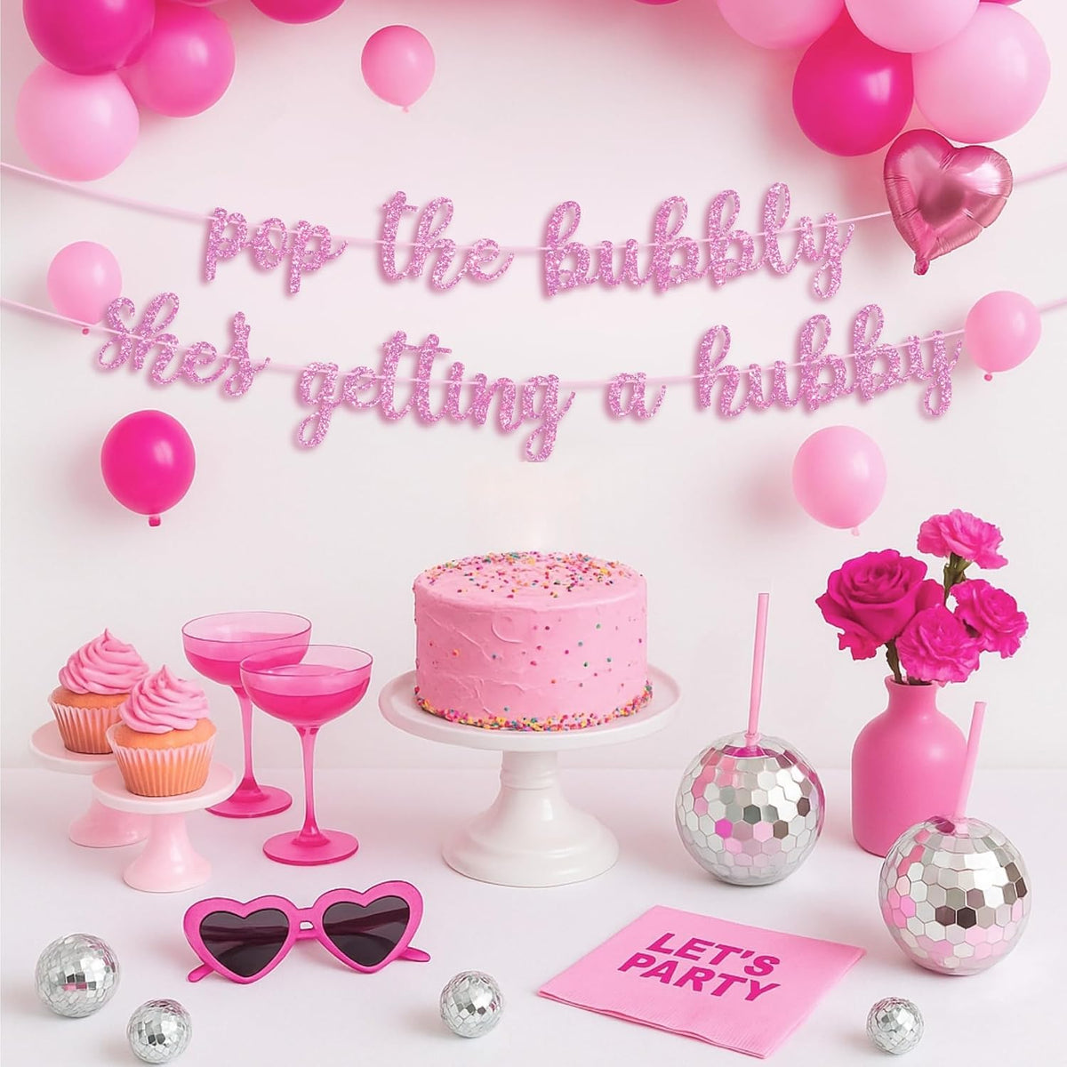 Pre-Strung Pop The Bubbly She's Getting A Hubby Banner - Pink Bridal Banner