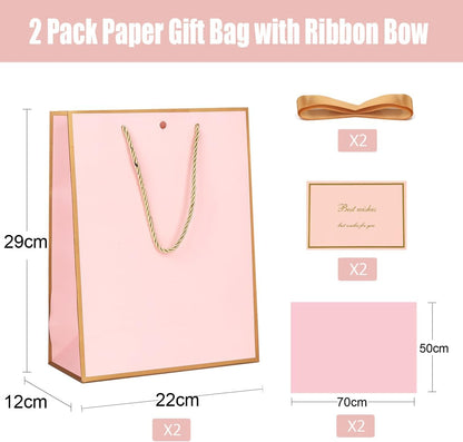 Gift Bags for Presents, 2 Pack Medium Paper Bags with Bow Ribbon Tissue Paper Cards Thank You Gift Bag with Handles for Christmas Holiday Birthday Shopping Bags(Pink,Gold)