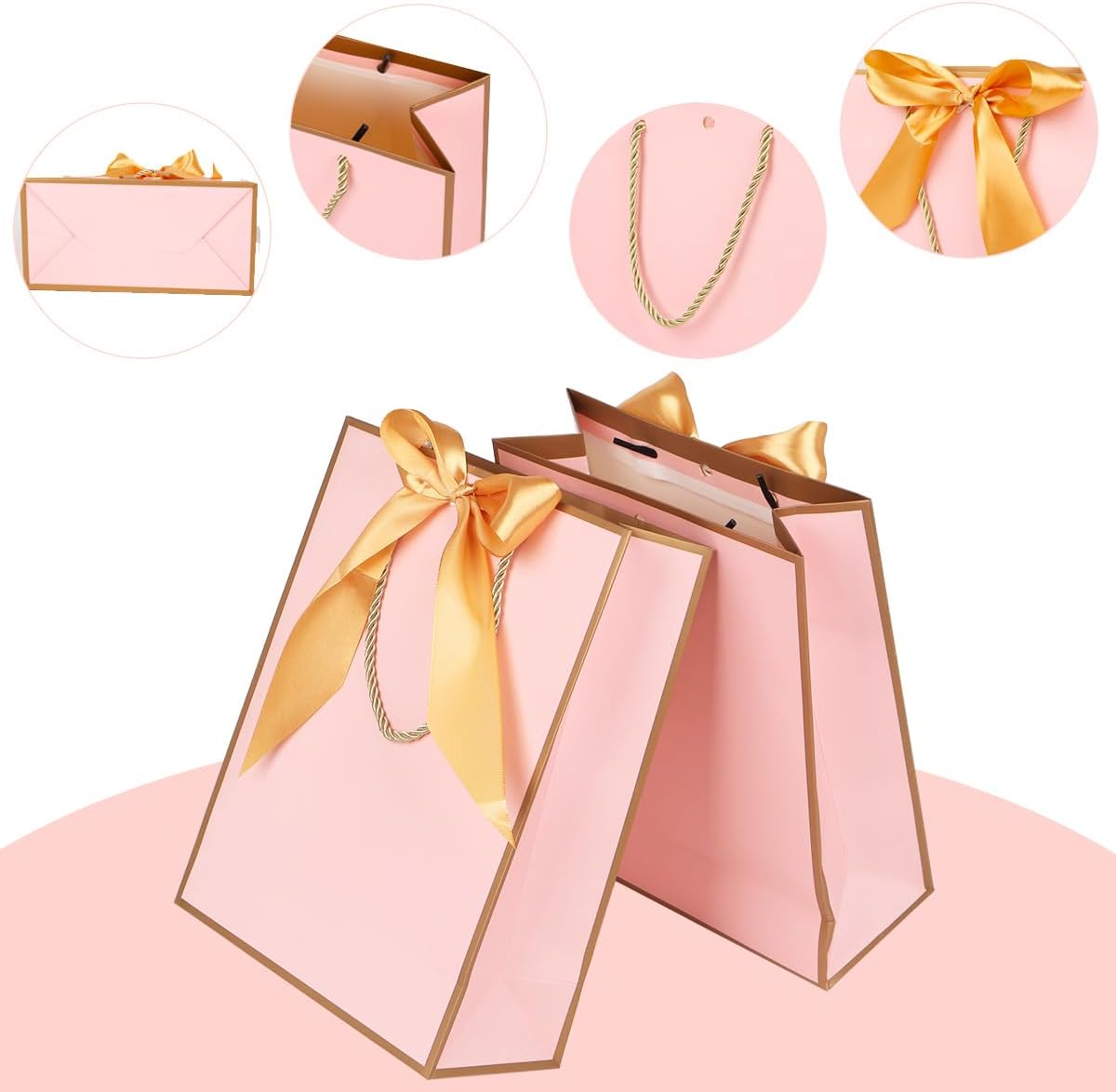 Gift Bags for Presents, 2 Pack Medium Paper Bags with Bow Ribbon Tissue Paper Cards Thank You Gift Bag with Handles for Christmas Holiday Birthday Shopping Bags(Pink,Gold)