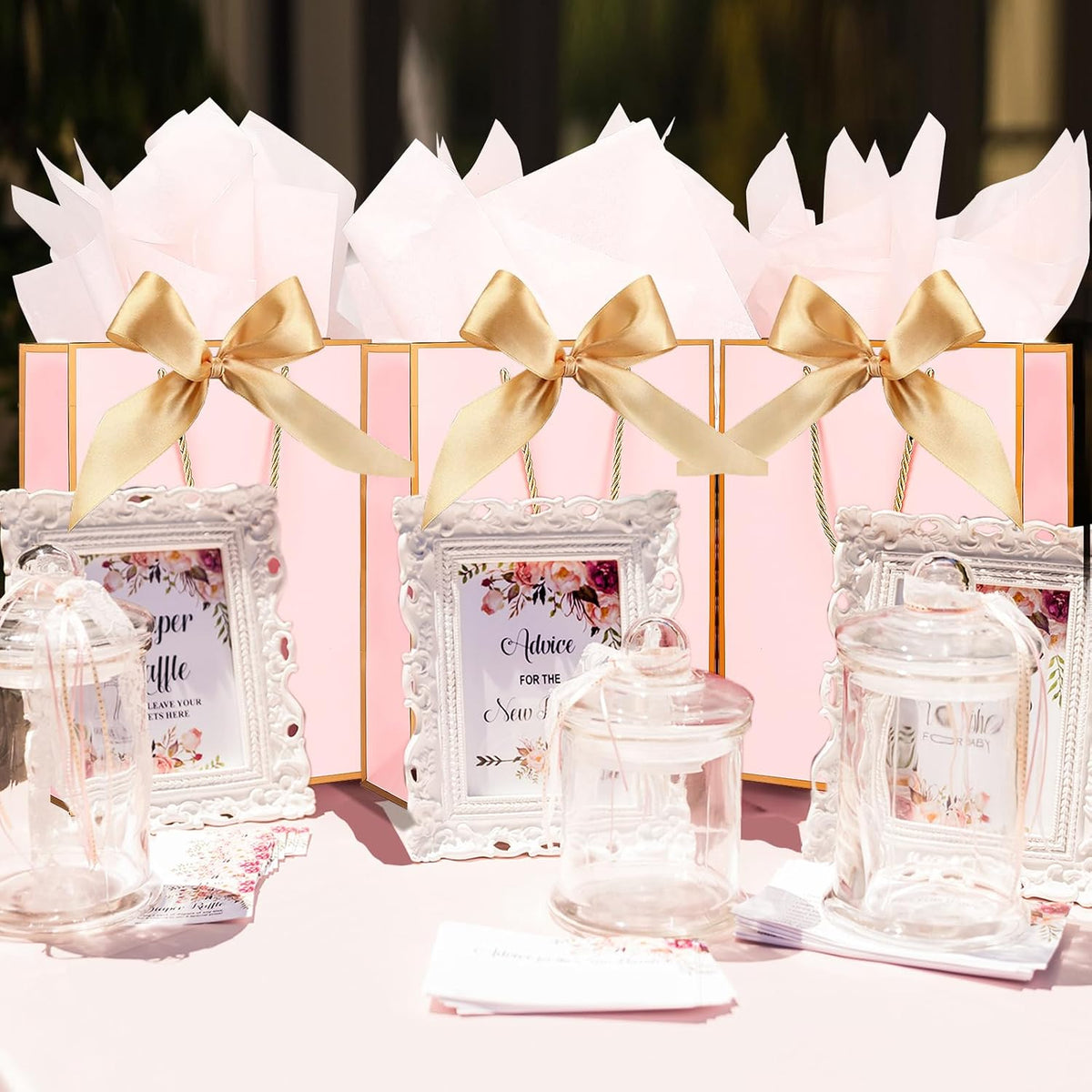 Gift Bags for Presents, 2 Pack Medium Paper Bags with Bow Ribbon Tissue Paper Cards Thank You Gift Bag with Handles for Christmas Holiday Birthday Shopping Bags(Pink,Gold)
