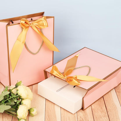 Gift Bags for Presents, 2 Pack Medium Paper Bags with Bow Ribbon Tissue Paper Cards Thank You Gift Bag with Handles for Christmas Holiday Birthday Shopping Bags(Pink,Gold)