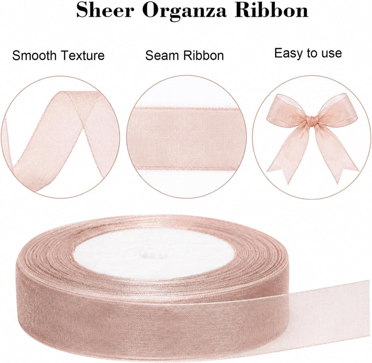 3/4 inch Rose Gold Sheer Organza Ribbon, 50Yds Chiffon Ribbon