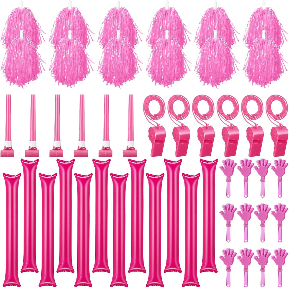 48 Pcs Cheerleading Pom Poms Thunder Sticks Plastic Whistles with Lanyards Squawker Horns Hand Clappers