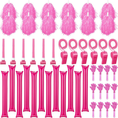48 Pcs Cheerleading Pom Poms Thunder Sticks Plastic Whistles with Lanyards Squawker Horns Hand Clappers