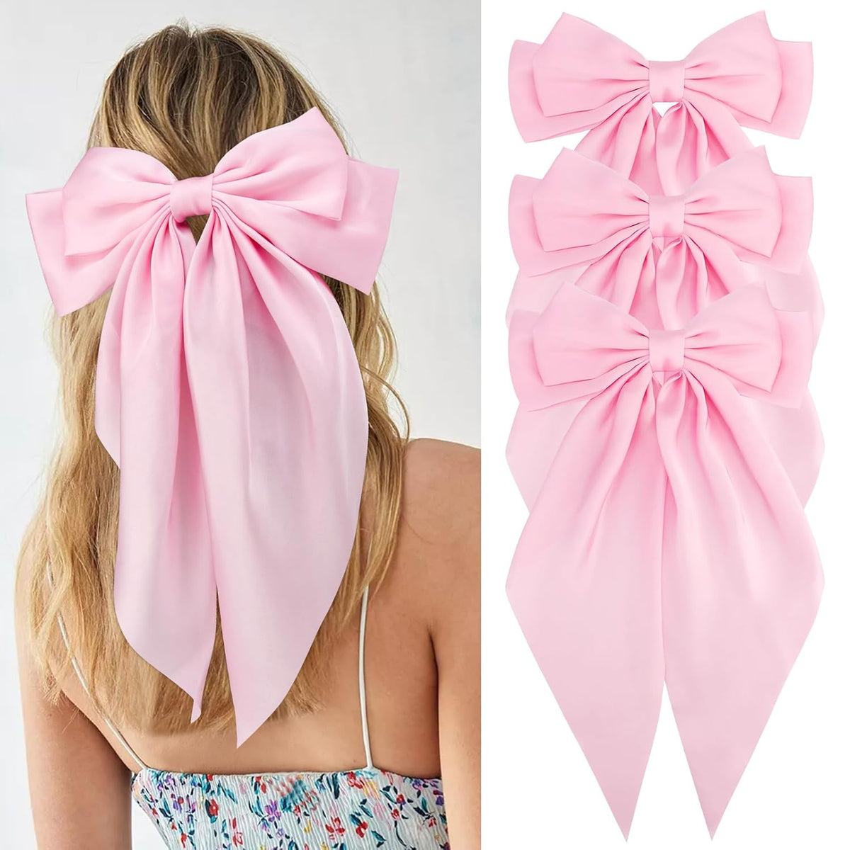 3Pcs Hair Bows for Women Pink Hair Bow Big Hair Bows Clips for Girls Silky Satin Large Hair Ribbons Oversized Long Tail Hair Bows Hair Barrettes Hair Accessories Christmas Gifts