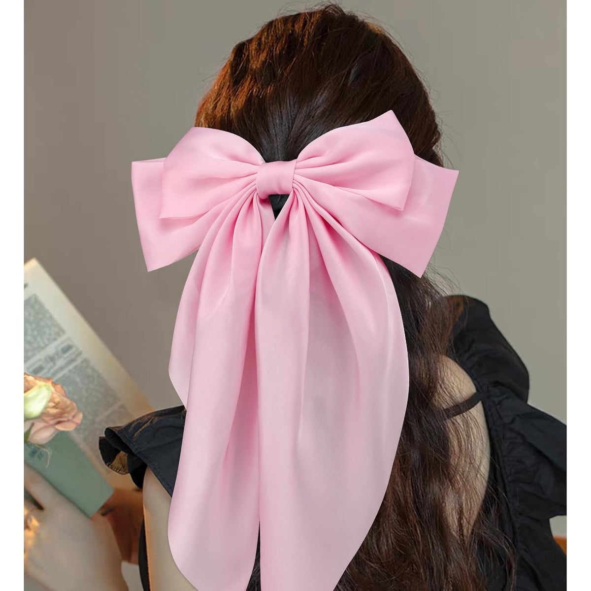3Pcs Hair Bows for Women Pink Hair Bow Big Hair Bows Clips for Girls Silky Satin Large Hair Ribbons Oversized Long Tail Hair Bows Hair Barrettes Hair Accessories Christmas Gifts