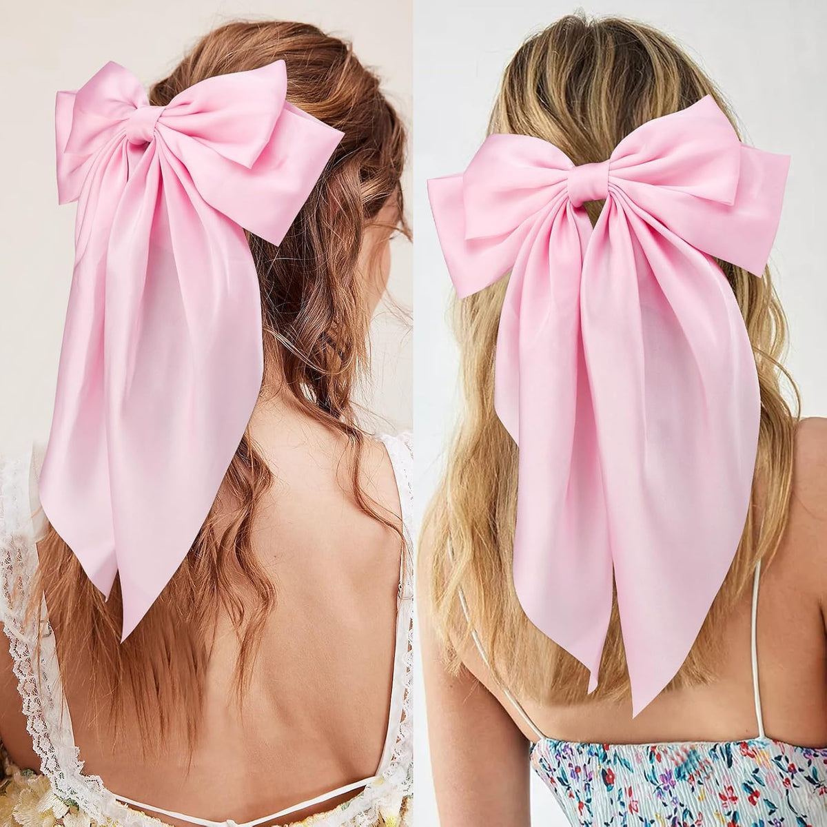3Pcs Hair Bows for Women Pink Hair Bow Big Hair Bows Clips for Girls Silky Satin Large Hair Ribbons Oversized Long Tail Hair Bows Hair Barrettes Hair Accessories Christmas Gifts