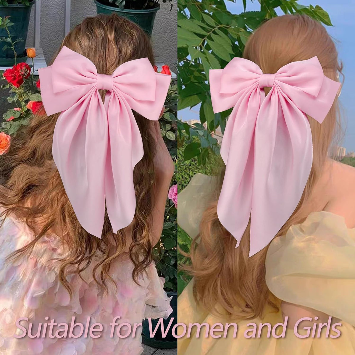 3Pcs Hair Bows for Women Pink Hair Bow Big Hair Bows Clips for Girls Silky Satin Large Hair Ribbons Oversized Long Tail Hair Bows Hair Barrettes Hair Accessories Christmas Gifts