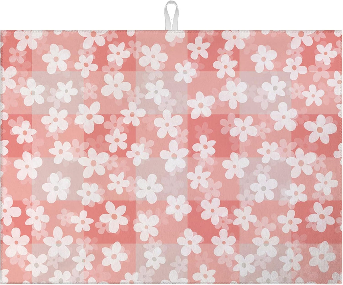 White Daisy Flowers Dish Drying Mat for Kitchen Counter Microfiber Absorbent Dish Pink Check Kitchen Drying Mat Draining Reusable Washable for Dishes/Utensils/Countertops/Sinks