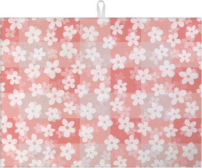 White Daisy Flowers Dish Drying Mat for Kitchen Counter Microfiber Absorbent Dish Pink Check Kitchen Drying Mat Draining Reusable Washable for Dishes/Utensils/Countertops/Sinks