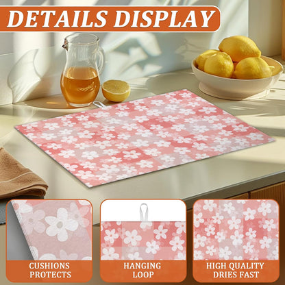 White Daisy Flowers Dish Drying Mat for Kitchen Counter Microfiber Absorbent Dish Pink Check Kitchen Drying Mat Draining Reusable Washable for Dishes/Utensils/Countertops/Sinks