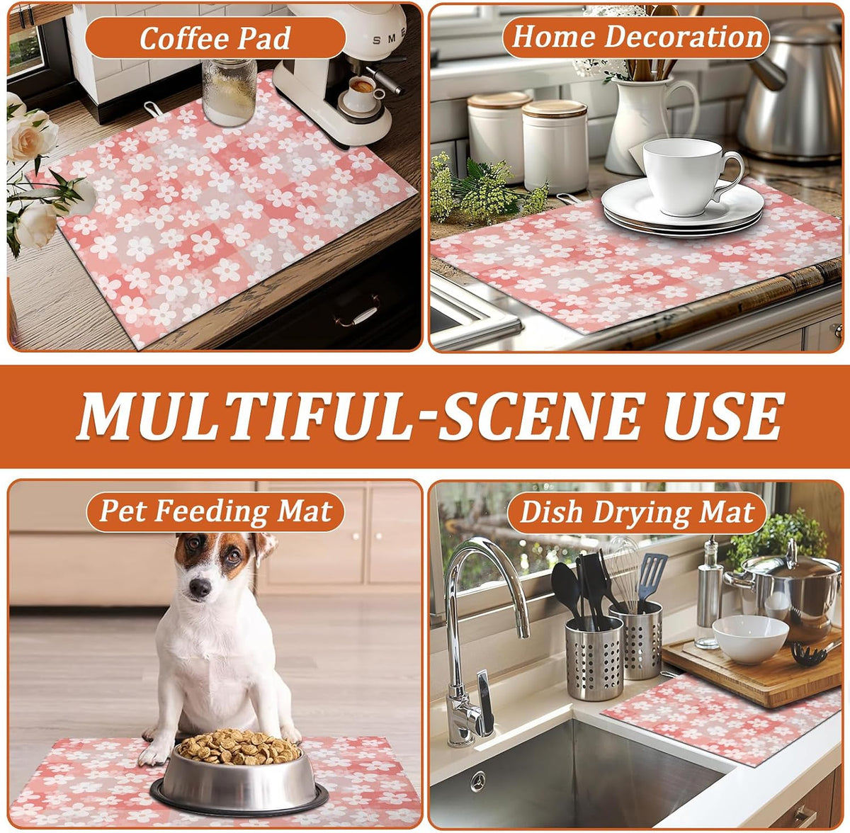 White Daisy Flowers Dish Drying Mat for Kitchen Counter Microfiber Absorbent Dish Pink Check Kitchen Drying Mat Draining Reusable Washable for Dishes/Utensils/Countertops/Sinks