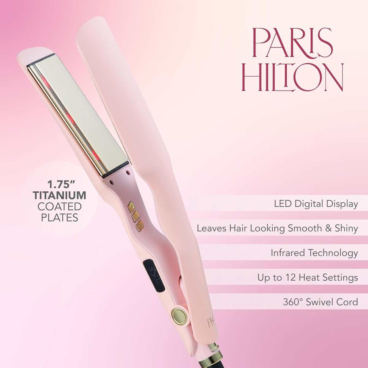 Ceramic Hair Straightener Flat Iron with Adjustable, Pink