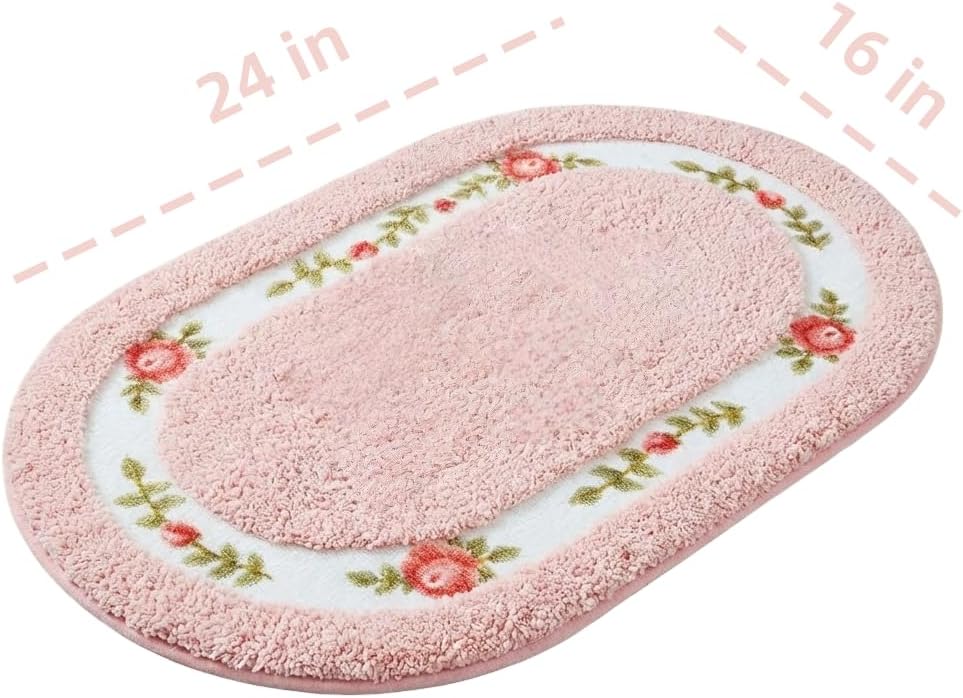 Bathroom Rugs Romantic Rose Flower Shaggy Area Rugs for Living Room Bedroom Kitchen Non Slip Absorbent Bath Mat Door Mat Washable(Pink,16x24 in)