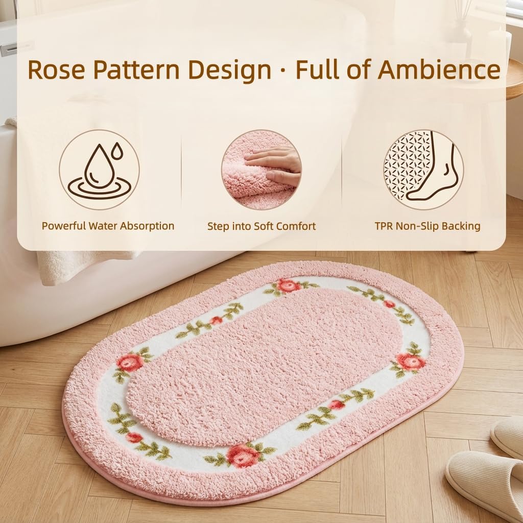 Bathroom Rugs Romantic Rose Flower Shaggy Area Rugs for Living Room Bedroom Kitchen Non Slip Absorbent Bath Mat Door Mat Washable(Pink,16x24 in)