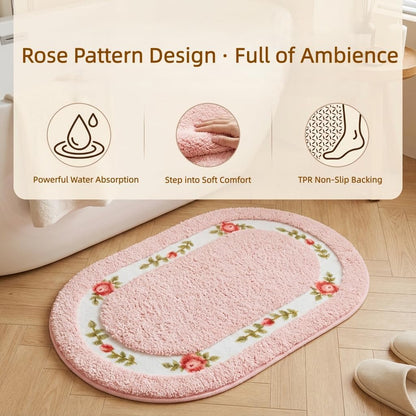 Bathroom Rugs Romantic Rose Flower Shaggy Area Rugs for Living Room Bedroom Kitchen Non Slip Absorbent Bath Mat Door Mat Washable(Pink,16x24 in)
