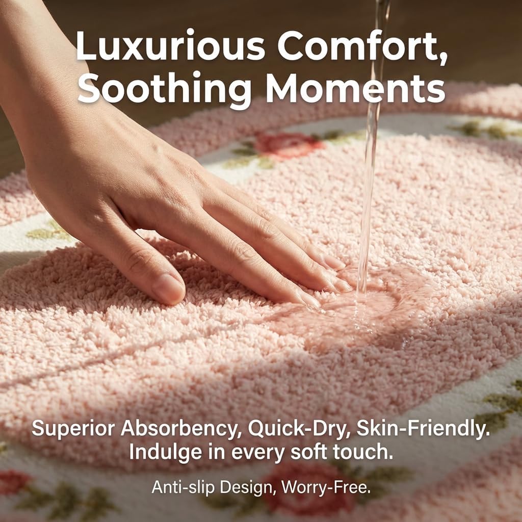 Bathroom Rugs Romantic Rose Flower Shaggy Area Rugs for Living Room Bedroom Kitchen Non Slip Absorbent Bath Mat Door Mat Washable(Pink,16x24 in)