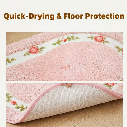 Bathroom Rugs Romantic Rose Flower Shaggy Area Rugs for Living Room Bedroom Kitchen Non Slip Absorbent Bath Mat Door Mat Washable(Pink,16x24 in)