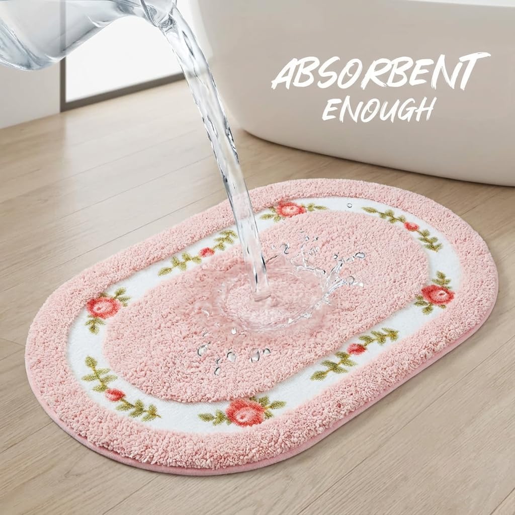 Bathroom Rugs Romantic Rose Flower Shaggy Area Rugs for Living Room Bedroom Kitchen Non Slip Absorbent Bath Mat Door Mat Washable(Pink,16x24 in)