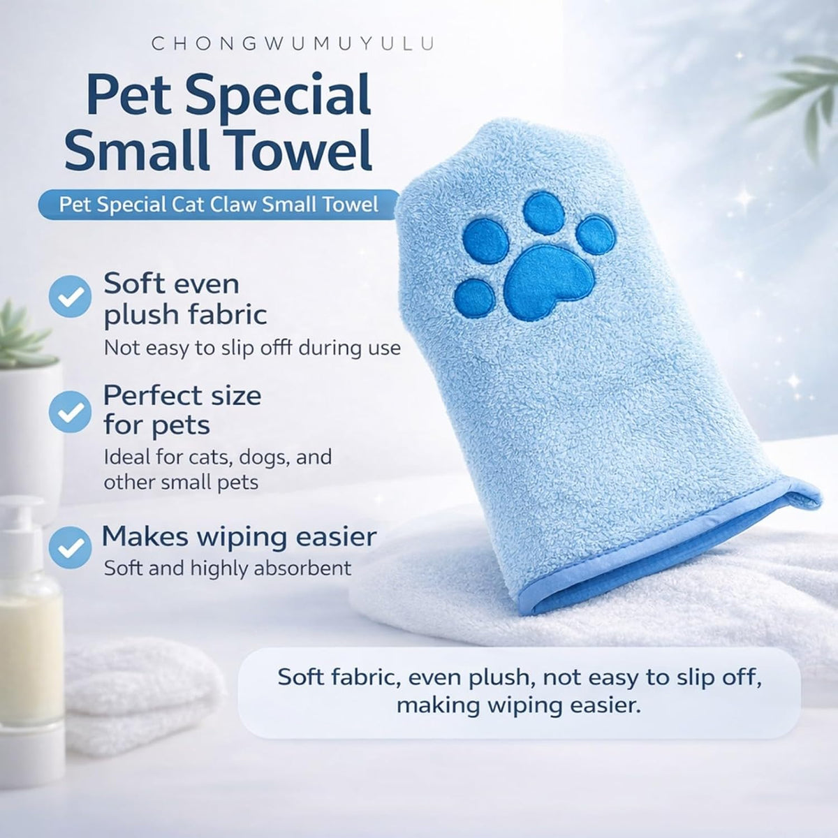 Paw Bathing Towel for Cats, for Pet Paw Cleaning and Drying, Soft Microfiber Quick-Dry Grooming Towel with Hanging Loop, Reusable for Small Dogs and Cats (Pink)