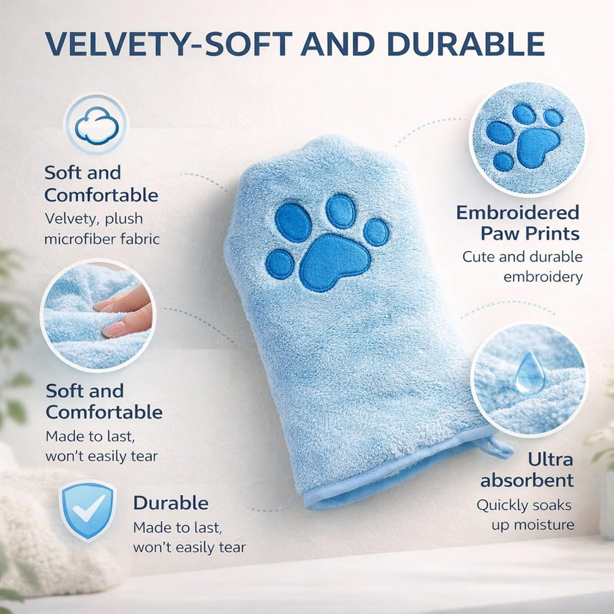 Paw Bathing Towel for Cats, for Pet Paw Cleaning and Drying, Soft Microfiber Quick-Dry Grooming Towel with Hanging Loop, Reusable for Small Dogs and Cats (Pink)
