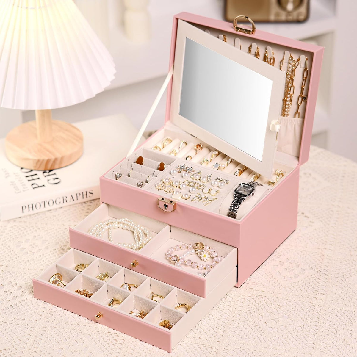 3 Layer Jewelry Boxes Large Jewelry Holder Organizer Case with 2 Jewelry Organizer Drawer PU Necklace Organizer Lockable Upgrade Mirror Gifts for Women, Pink