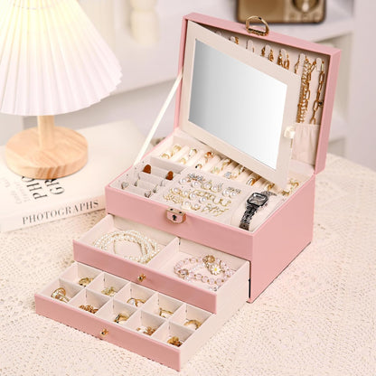3 Layer Jewelry Boxes Large Jewelry Holder Organizer Case with 2 Jewelry Organizer Drawer PU Necklace Organizer Lockable Upgrade Mirror Gifts for Women, Pink
