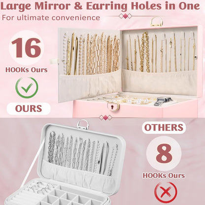 3 Layer Jewelry Boxes Large Jewelry Holder Organizer Case with 2 Jewelry Organizer Drawer PU Necklace Organizer Lockable Upgrade Mirror Gifts for Women, Pink