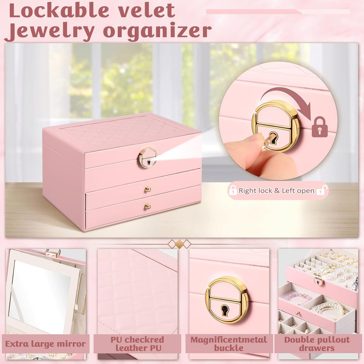 3 Layer Jewelry Boxes Large Jewelry Holder Organizer Case with 2 Jewelry Organizer Drawer PU Necklace Organizer Lockable Upgrade Mirror Gifts for Women, Pink