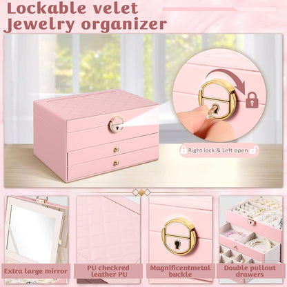 3 Layer Jewelry Boxes Large Jewelry Holder Organizer Case with 2 Jewelry Organizer Drawer PU Necklace Organizer Lockable Upgrade Mirror Gifts for Women, Pink